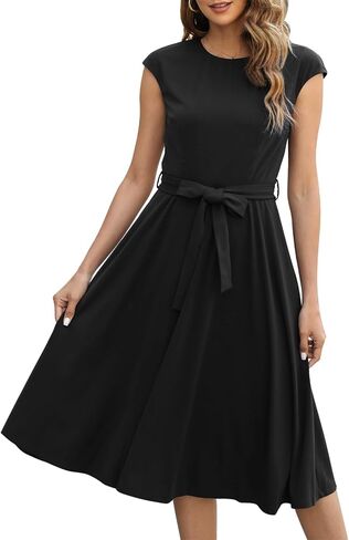 Women's Cap Sleeve Fit and Flared Dress Summer Cocktail Elegant Midi Dresses with Belt MY227 in Saudi Arabia