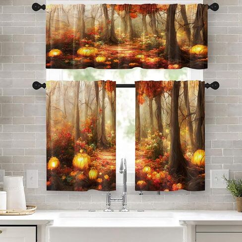 Arttown Halloween Black Cat Pumpkins Kitchen Window Curtains and Valances Set 36 Inch, Vintage Short Tier Curtain for Cafe Living Room Bathroom, Halloween Cute 3 Pieces Set Kitchen Decor in Saudi Arabia