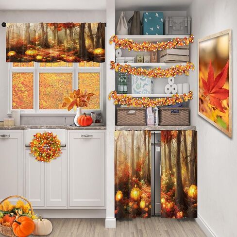 Arttown Halloween Black Cat Pumpkins Kitchen Window Curtains and Valances Set 36 Inch, Vintage Short Tier Curtain for Cafe Living Room Bathroom, Halloween Cute 3 Pieces Set Kitchen Decor in Saudi Arabia