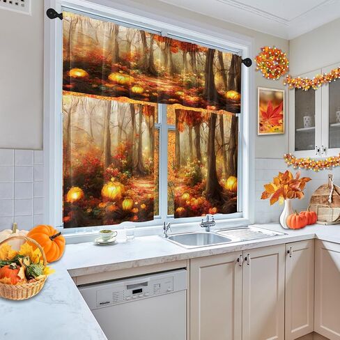 Arttown Halloween Black Cat Pumpkins Kitchen Window Curtains and Valances Set 36 Inch, Vintage Short Tier Curtain for Cafe Living Room Bathroom, Halloween Cute 3 Pieces Set Kitchen Decor in Saudi Arabia