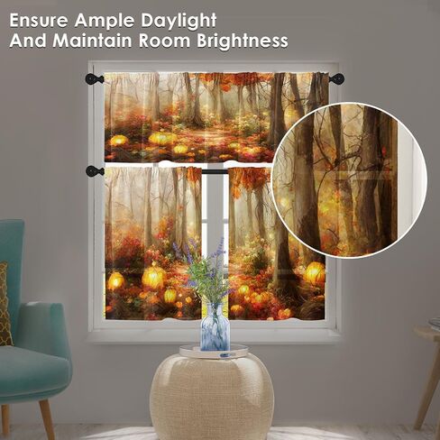 Arttown Halloween Black Cat Pumpkins Kitchen Window Curtains and Valances Set 36 Inch, Vintage Short Tier Curtain for Cafe Living Room Bathroom, Halloween Cute 3 Pieces Set Kitchen Decor in Saudi Arabia