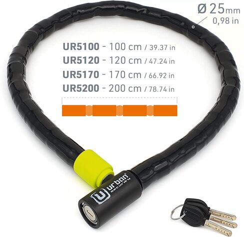 قفل كابل Phyton Urban UR5100، كابل فولاذي مقوى مع درع مفصلي مرن للغاية، قفل أمان عالي، كابل مدرع مضاد للسرقة للدراجات النارية، الدراجة الكهربائية، سكوتر، 100 سم / 3.3 قدم in Kuwait