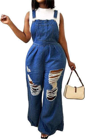 Women's Denim Bib Overalls Wide Leg Loose Fit Adjustable Strap Casual Sleeveless Cargo Jeans Jumpsuits in Saudi Arabia