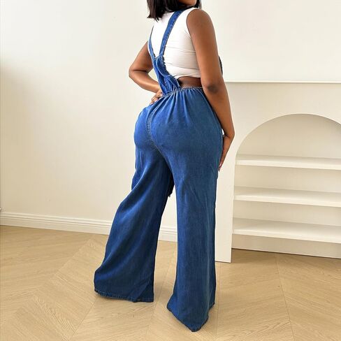 Women's Denim Bib Overalls Wide Leg Loose Fit Adjustable Strap Casual Sleeveless Cargo Jeans Jumpsuits in Saudi Arabia