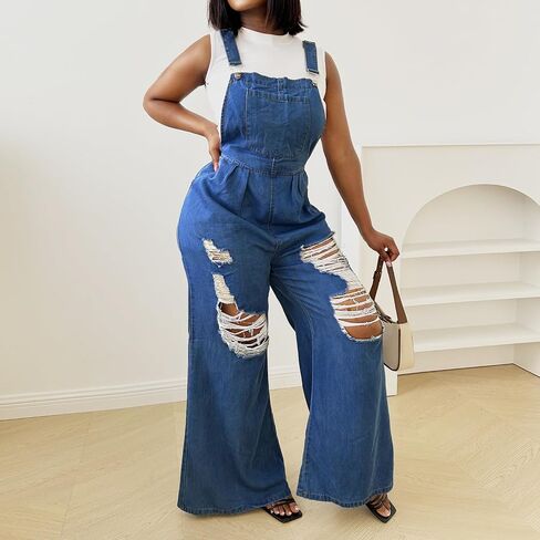 Women's Denim Bib Overalls Wide Leg Loose Fit Adjustable Strap Casual Sleeveless Cargo Jeans Jumpsuits in Saudi Arabia