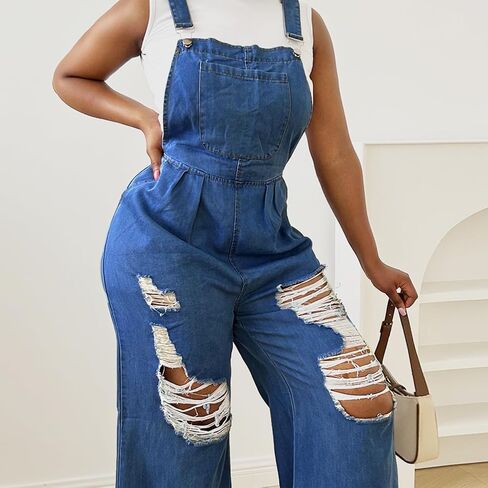 Women's Denim Bib Overalls Wide Leg Loose Fit Adjustable Strap Casual Sleeveless Cargo Jeans Jumpsuits in Saudi Arabia