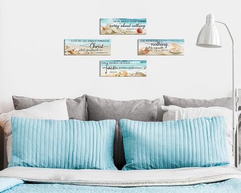 4 Pieces Bible Verses Wall Decor, Ocean Beach Theme Room Decor,Religious Art Wall Decor, Christian Wall Art Wooden Sign for Bathroom Washroom Bedroom (4.7 X 13.7 Inch, Faith) in Saudi Arabia