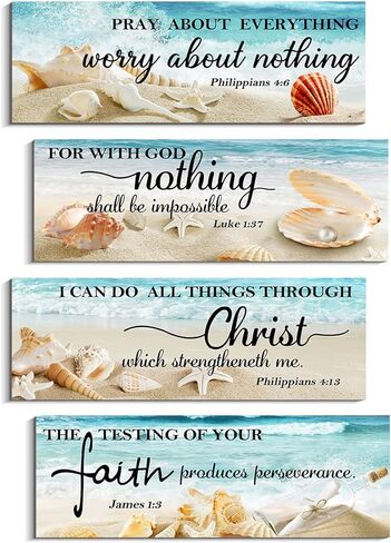 4 قطع من آيات الكتاب المقدس لتزيين الحائط، ديكور غرفة على شكل شاطئ المحيط، ديكور جداري فني ديني، لافتة خشبية فنية جدارية مسيحية لغرفة نوم الحمام (4.7 × 13.7 بوصة، الإيمان) in Kuwait