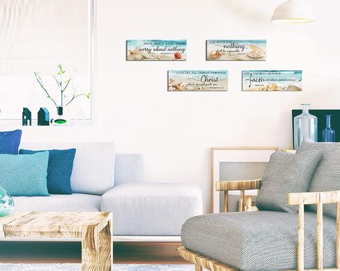 4 قطع من آيات الكتاب المقدس لتزيين الحائط، ديكور غرفة على شكل شاطئ المحيط، ديكور جداري فني ديني، لافتة خشبية فنية جدارية مسيحية لغرفة نوم الحمام (4.7 × 13.7 بوصة، الإيمان) in Kuwait