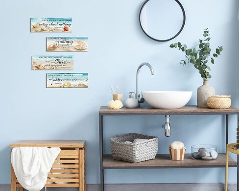 4 قطع من آيات الكتاب المقدس لتزيين الحائط، ديكور غرفة على شكل شاطئ المحيط، ديكور جداري فني ديني، لافتة خشبية فنية جدارية مسيحية لغرفة نوم الحمام (4.7 × 13.7 بوصة، الإيمان) in Kuwait