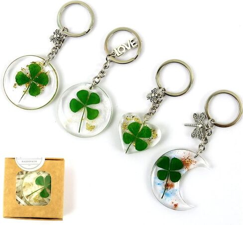 Real Lucky Green 4 Leaf Clovers Key Ring Four Leaf Clover Keychain for WomenGirl Boy Charms Keychain Accessories in Saudi Arabia