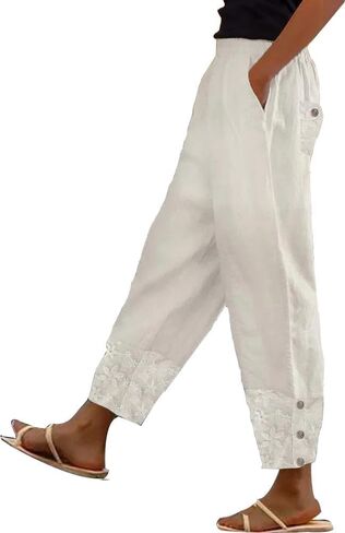 Womens Linen Pants with Pockets High Waist Comfy White Summer Pants Lightweight Loose Trousers in Saudi Arabia
