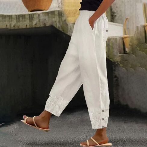Womens Linen Pants with Pockets High Waist Comfy White Summer Pants Lightweight Loose Trousers in Saudi Arabia