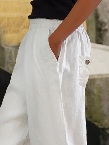 Womens Linen Pants with Pockets High Waist Comfy White Summer Pants Lightweight Loose Trousers in Saudi Arabia