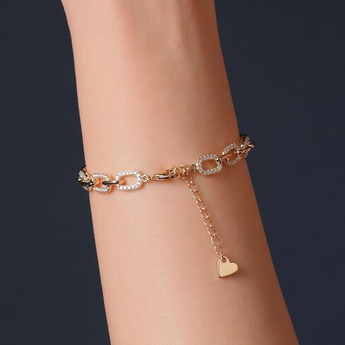 Gem Stone King 18K Yellow Gold Plated Silver Link Chain White Moissanite Bracelet For Women (1.47 Cttw, 6.6MM Width, Fully Adjustable Up to 8.25 Inch) in Saudi Arabia