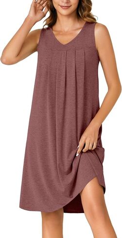 Rooscier Women's V Neck Sleeveless Nightshirt Pleated Mini Nightgowns Sleepwear in Saudi Arabia