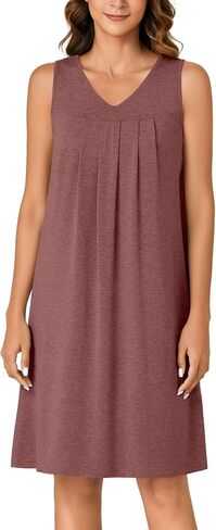 Rooscier Women's V Neck Sleeveless Nightshirt Pleated Mini Nightgowns Sleepwear in Saudi Arabia