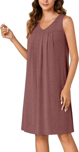 Rooscier Women's V Neck Sleeveless Nightshirt Pleated Mini Nightgowns Sleepwear in Saudi Arabia