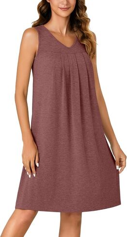 Rooscier Women's V Neck Sleeveless Nightshirt Pleated Mini Nightgowns Sleepwear in Saudi Arabia