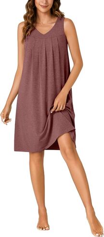 Rooscier Women's V Neck Sleeveless Nightshirt Pleated Mini Nightgowns Sleepwear in Saudi Arabia