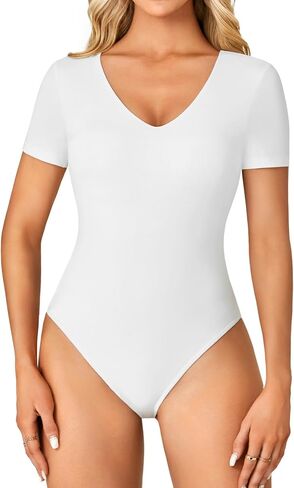 Vrtige Women's Casual V Neck Short Sleeve Leotard Double Lined Bodysuit T-Shirt Top in Saudi Arabia