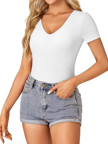 Vrtige Women's Casual V Neck Short Sleeve Leotard Double Lined Bodysuit T-Shirt Top in Saudi Arabia