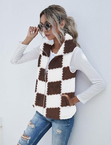 LOMON Womens Fuzzy Sherpa Fleece Jacket Lightweight Vest Cozy Sleeveless Cardigan Zipper Waistcoat Outerwear with Pocket in Saudi Arabia
