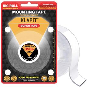 شريط KLAPiT الفائق - حامل عالي التحمل على الوجهين مع تقنية النانو المحسنة يحمل ما يصل إلى 350 رطلاً (1.27 رطل لكل بوصة) للمنزل والمكتب والمطبخ والحمام يعمل على الجدران والخشب والمعادن والزجاج والسيراميك