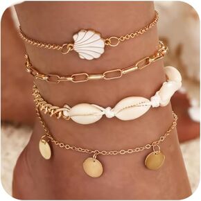 Ankle Bracelets for Women 14K Gold Plated Anklet Set Adjustable Layered Waterproof Ankle Bracelet Sea Shell Figaro Mirror Chain Summer Beach Foot Jewelry Gift