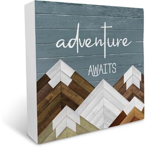 Adventure Awaits Wood Box Sign, Adventure Decor, Mountain Decor, Travel Decor, Rustic Home Decor, Mountain Adventure Sign Wooden Block Plaque Desk Decor(5×5 Inch)