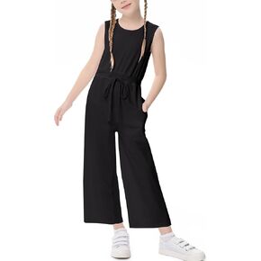 Girls Jumpsuit Fashion Crewneck Elastic Waist Long Pants Romper with Pockets 3-12 Years