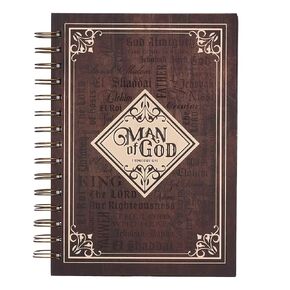 Christian Art Gifts Journal w/Scripture Man of God 1 Timothy 6:11 Bible Verse Names of God Brown 192 Ruled Pages, Large Hardcover Notebook, Wire Bound