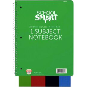School Smart Spiral Non-Perforated 1 Subject College Ruled Notebook, 100 Sheets, 11 x 8-1/2 Inches