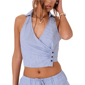 SHENHE Women's Striped Halter Vest Backless V Neck Wrap Crop Top Dressy Vest Tank Top