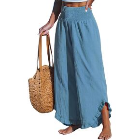 CUPSHE Women Pants Smocked Waist Straight Leg Ruffle Cuffs Loose Fit Pant Casual Beach