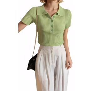 Summer Women's Knitted Polo Button Short Sleeve Ribbed T-shirt Top