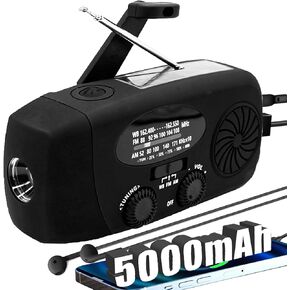 Upgraded Emergency Solar Hand Crank Radio with LED Flashlight, Portable Am Fm NOAA Weather Radio, 2000mAh Solar Power Bank Cell Phone Charger for Home and Outdoor（Black）