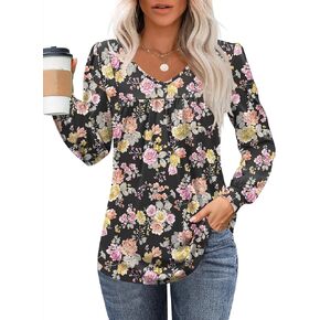Micoson Women's Casual Long Sleeve Tunic Tops V Neck Pleated Shirts Fall Loose Work Blouses