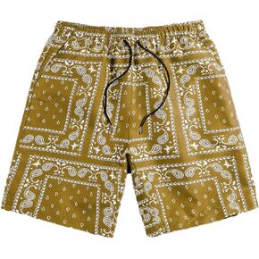 Men's Casual Summer Shorts Boho Print Drawstring Elastic Waist Beach Shorts with Pocket