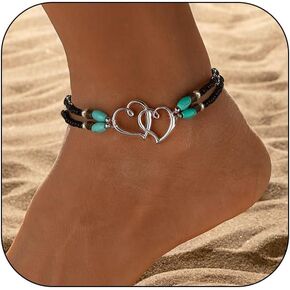 Beaded Ankle Bracelet for Women Double Layered Elastic Beaded Anklet Bracelets Double Hollow Hearts Stretch Waterproof Anklet Dainty Boho Turquoise Foot Bracelet Summer Beach Jewelry for Women