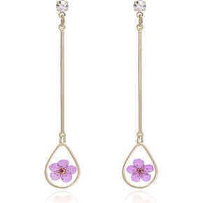 BONALUNA Pressed Flower Yellow Gold Plated Tear Dangle With Cubic Zirconia Titanium Post Back Earrings