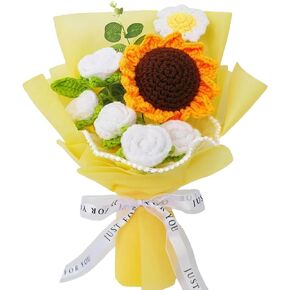 Crochet Flowers Bouquet Handmade Crochet Sunflower Bouquet Knitted Bouquet Crochet Rose Bouquet Pink Crochet Artificial Flowers Sunflower Rose Daisy for Birthday Home Decor Wedding