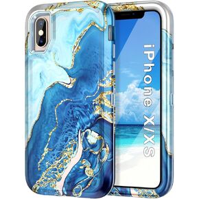 Btscase Compatible with iPhone X Case/iPhone Xs Case 5.8 Inch, Marble Pattern 3 in 1 Heavy Duty Shockproof Full Body Rugged Hard PC+Soft Silicone Drop Protective Women Girls Cute Cover, Rose Gold