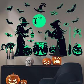2 Sheet Halloween Witch Glow in The Dark Wall Stickers Witch Bat Pumpkin Spider Wall Decals Luminous Wall Clings Decor for Halloween Party Home Office Wall Glass Mirror Decorations