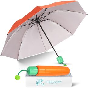 Compact Carrot Handle Umbrella - Small Travel Folding Mini Umbrella with Fun Orange Carrot Handle, Vegetable Theme, Orange&Red