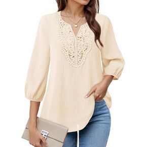VALOLIA Women's Casual 3/4 Sleeve Chiffon Blouses V Neck Layered Embroidery Tunic Shirts