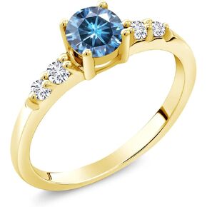 Gem Stone King 18K Yellow Gold Plated Silver 5MM Round Gemstone Birthstone and White Lab Grown Diamond Engagement Ring | Wedding Anniversary Promise Ring For Women | Available In Size 5, 6, 7, 8, 9