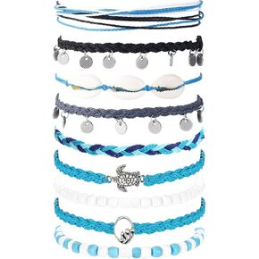 yfstyle 12Pcs Summer Wave Bracelets Adjustable Handmade Waterproof Beaded Anklets Starfish Turtle Infinity Ankle for Women Girls Boho Jewelry for Summer
