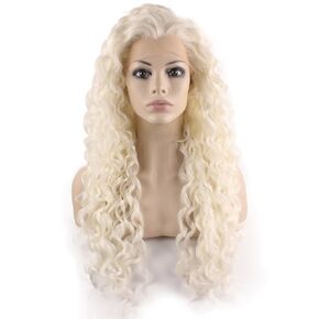 Mxangel Long Curly Wig White Heat Friendly Fiber Lace Front Cosplay Wig