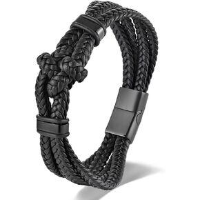 Stainless Steel Double Nautical Marine Anchor/Link Chain Charm/Friendship Knot Black Leather Bangle Bracelet for men, Mininalist Style